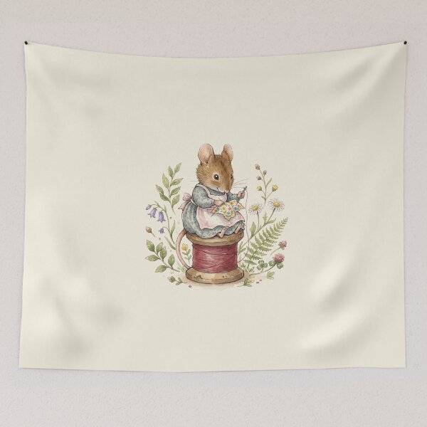 Item preview, Little Mouse Sewing on a Thread Spool - Whimsical Cottagecore Art designed and sold by Pasteltone.