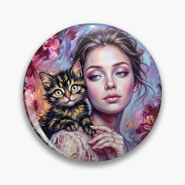 Item preview, Magical Impasto Woman and Cat Portrait Among Blooming Flowers | Colorful Textured Wall Art designed and sold by QQQueen.