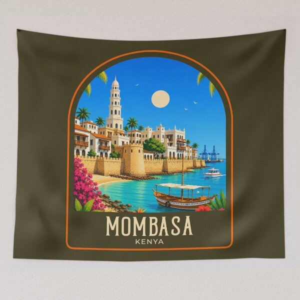Item preview, Mombasa Vintage Travel Illustration designed and sold by HomeLivingCo.