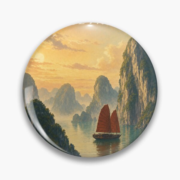 Artikelvorschau, Halong-Bucht, Vietnam – Reisesouvenir – Vintage-Illustration entworfen und verkauft von VisualArtsOasis.