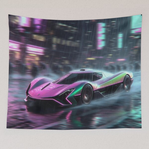 Item preview, Cyberpunk Rain Racer - Neon Iridescent Hypercar Art designed and sold by Nexus Space.