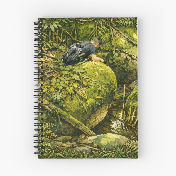 Item preview, Boy explorer looks with wonder at the river that flows under the boulders - El Yunque rainforest PR designed and sold by www.elyunqueprints.store.