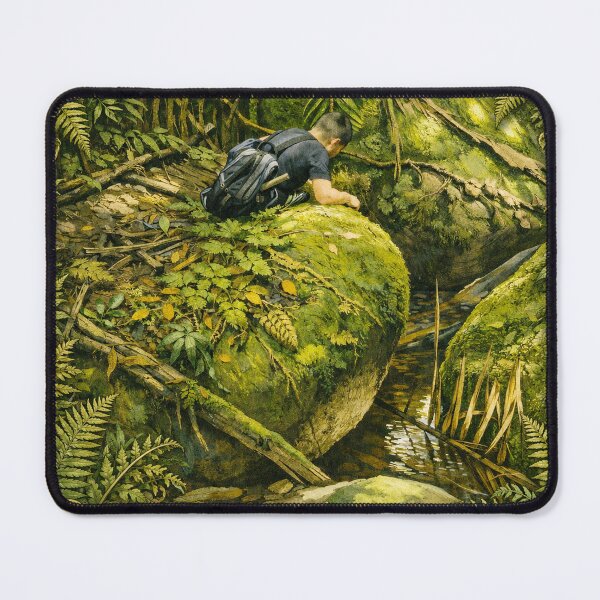 Item preview, Boy explorer looks with wonder at the river that flows under the boulders - El Yunque rainforest PR designed and sold by www.elyunqueprints.store.