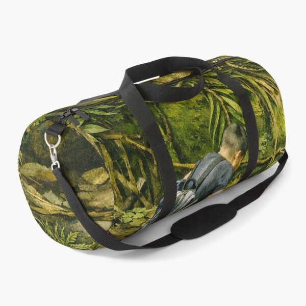 Item preview, Boy explorer looks with wonder at the river that flows under the boulders - El Yunque rainforest PR designed and sold by www.elyunqueprints.store.