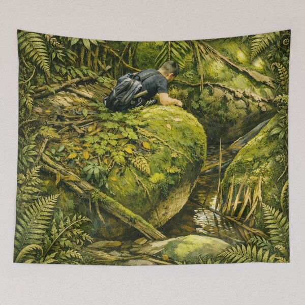 Item preview, Boy explorer looks with wonder at the river that flows under the boulders - El Yunque rainforest PR designed and sold by www.elyunqueprints.store.