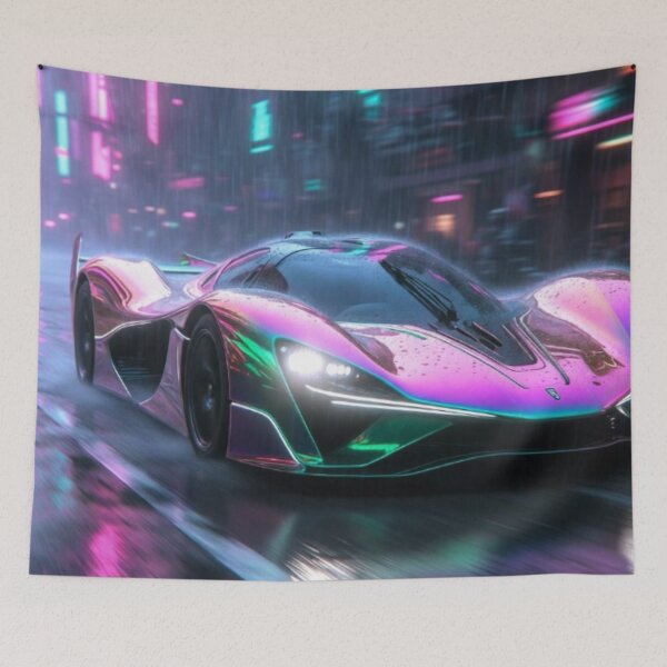 Item preview, Cyberpunk Rain Speedster - Neon Iridescent Hypercar Art designed and sold by Nexus Space.