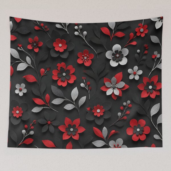 Item preview, Paper Cut Floral Pattern — Red Black Silver Botanical Art designed and sold by Aureva Arts Shop.