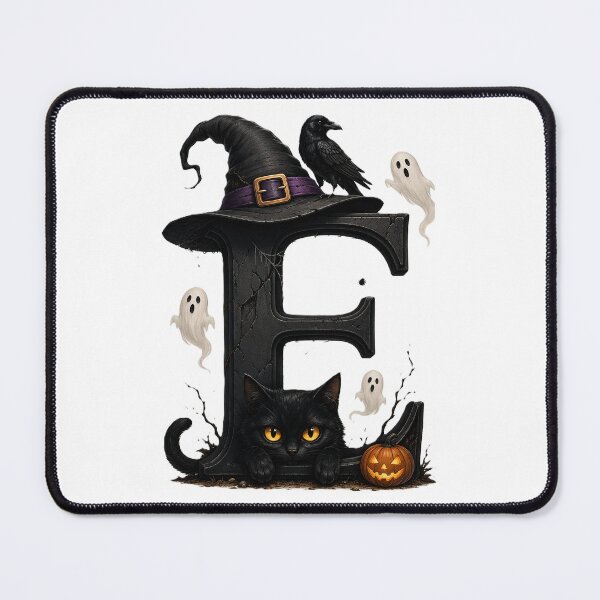 Item preview, Spooky Halloween Letter E - Witch Hat, Black Cat & Ghosts designed and sold by Mido-artister.