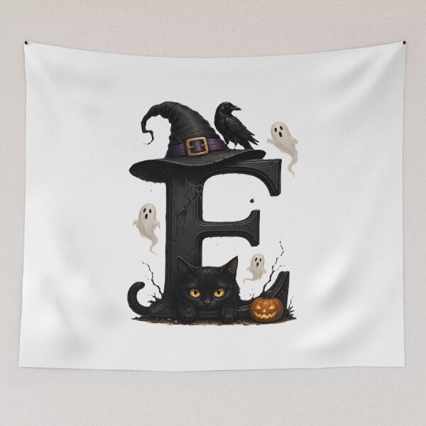 Item preview, Spooky Halloween Letter E - Witch Hat, Black Cat & Ghosts designed and sold by Mido-artister.