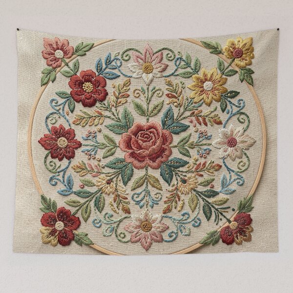 Item preview, Vintage Folk Art Floral Hoop Embroidery - Red Rose designed and sold by BrainCurves.