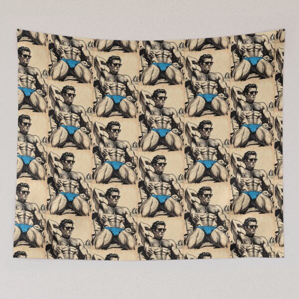 Item preview, Vintage Ink Muscular Beach Guy Blue Briefs Art designed and sold by ZhivanCrimson.