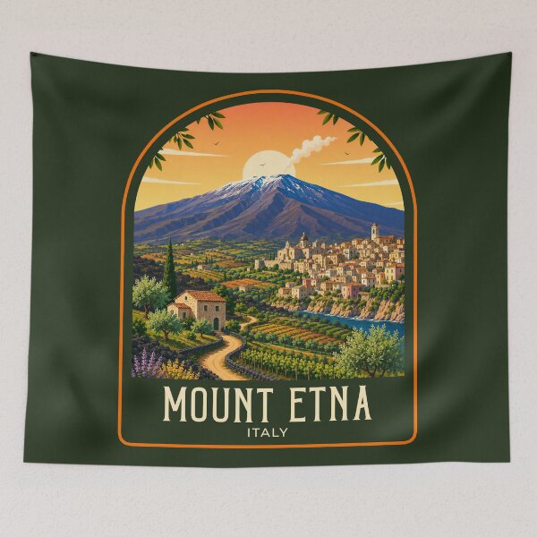 Item preview, Mount Etna Vintage Travel Illustration designed and sold by HomeLivingCo.