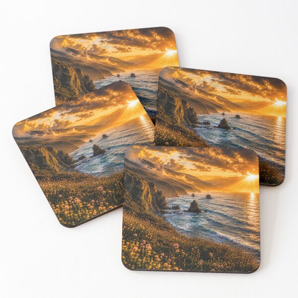 Item preview, Golden Coastal Sunset Ocean Cliffs Landscape Art designed and sold by ImagineNInk.