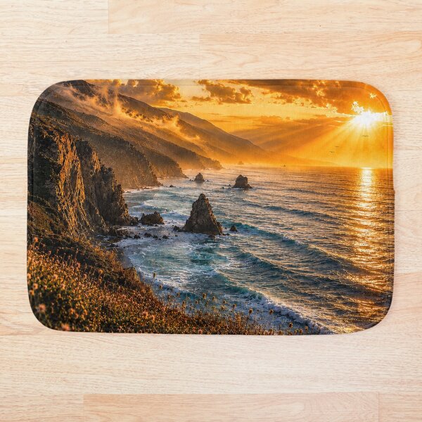 Aperçu de l'œuvre Paysage artistique de falaises océaniques au coucher du soleil sur la côte dorée créée et vendue par ImagineNInk.