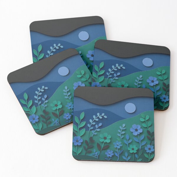 Item preview, Paper Cut Night Garden — Blue Green Moonlit Floral Landscape designed and sold by Aureva Arts Shop.