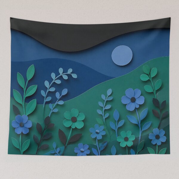 Item preview, Paper Cut Night Garden — Blue Green Moonlit Floral Landscape designed and sold by Aureva Arts Shop.