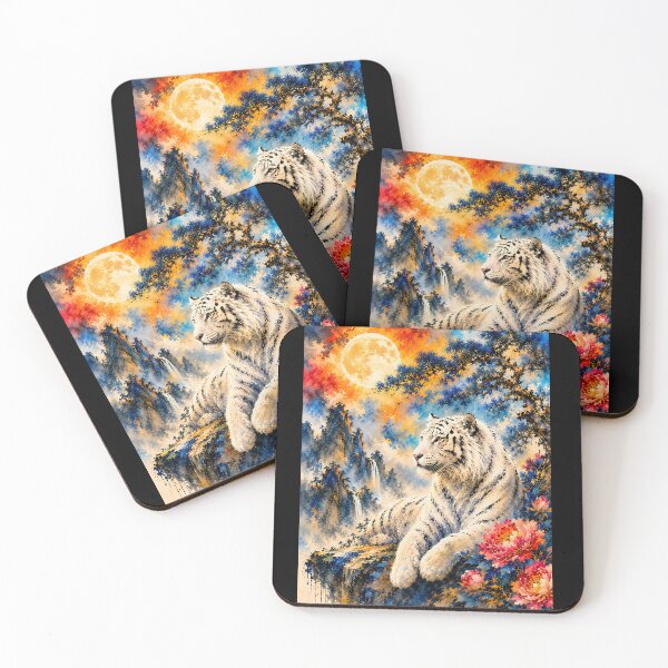 Item preview, White Tiger Under the Full Moon | Colorful Watercolor Wildlife Art | Fantasy Floral Nature Painting designed and sold by ManJiangHong.
