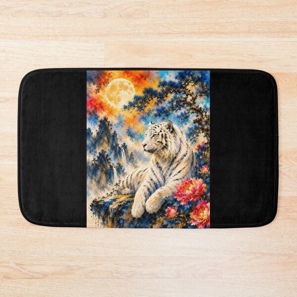 Item preview, White Tiger Under the Full Moon | Colorful Watercolor Wildlife Art | Fantasy Floral Nature Painting designed and sold by ManJiangHong.