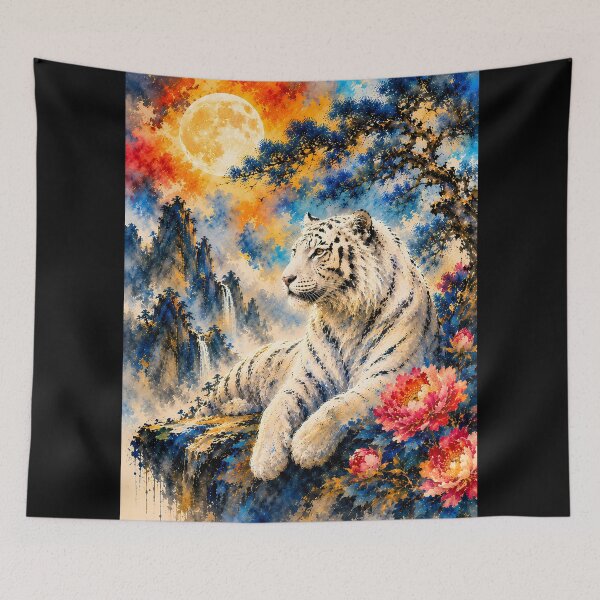 Item preview, White Tiger Under the Full Moon | Colorful Watercolor Wildlife Art | Fantasy Floral Nature Painting designed and sold by ManJiangHong.