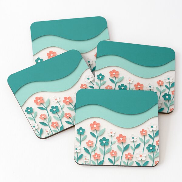 Item preview, Paper Cut Floral Scene — Teal Coral White Botanical Art designed and sold by Aureva Arts Shop.