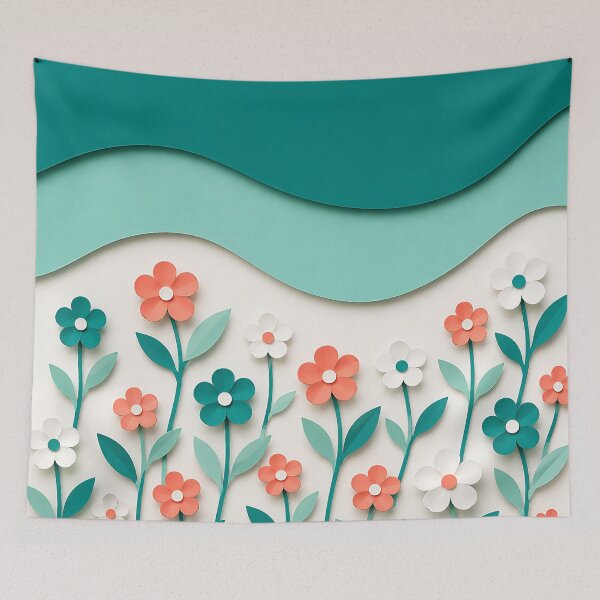 Item preview, Paper Cut Floral Scene — Teal Coral White Botanical Art designed and sold by Aureva Arts Shop.