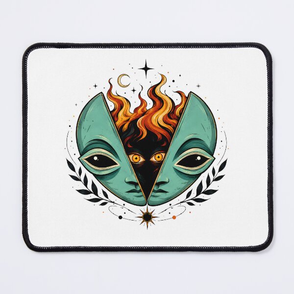 Item preview,  Mystical Alien Mask Fire Illustration: Esoteric Cosmic Portrait designed and sold by DrawHandArt.