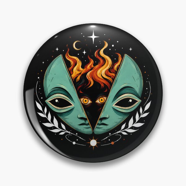 Item preview, Mystical Alien Mask Fire Illustration: Esoteric Cosmic Portrait designed and sold by DrawHandArt.