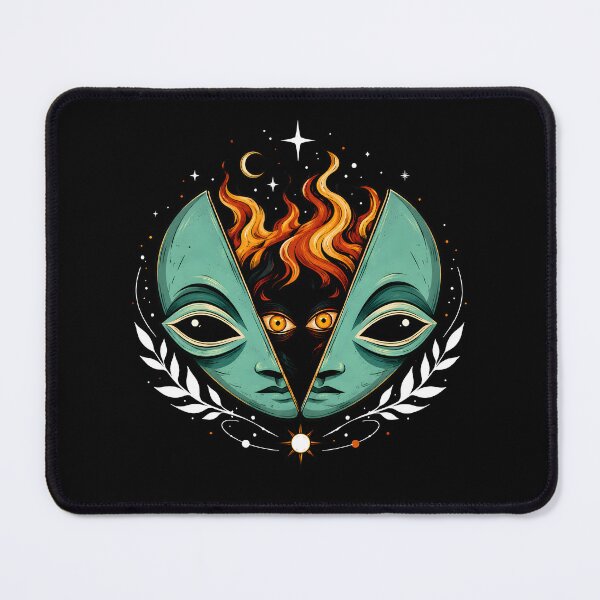 Item preview, Mystical Alien Mask Fire Illustration: Esoteric Cosmic Portrait designed and sold by DrawHandArt.