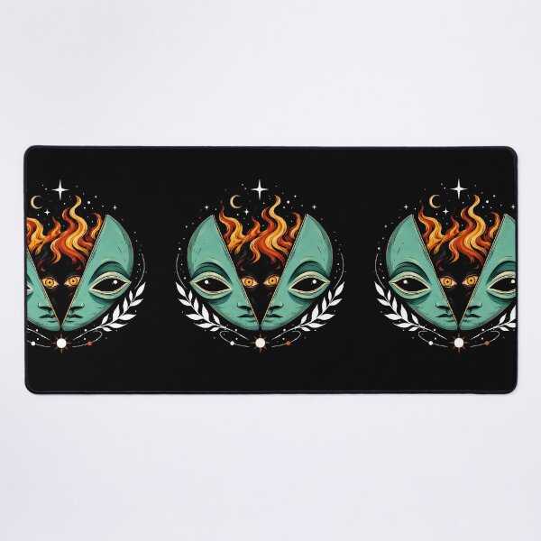 Item preview, Mystical Alien Mask Fire Illustration: Esoteric Cosmic Portrait designed and sold by DrawHandArt.