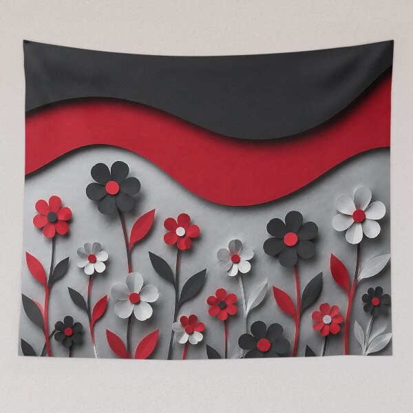 Item preview, Paper Cut Floral Scene — Red Black Silver Botanical Art designed and sold by Aureva Arts Shop.