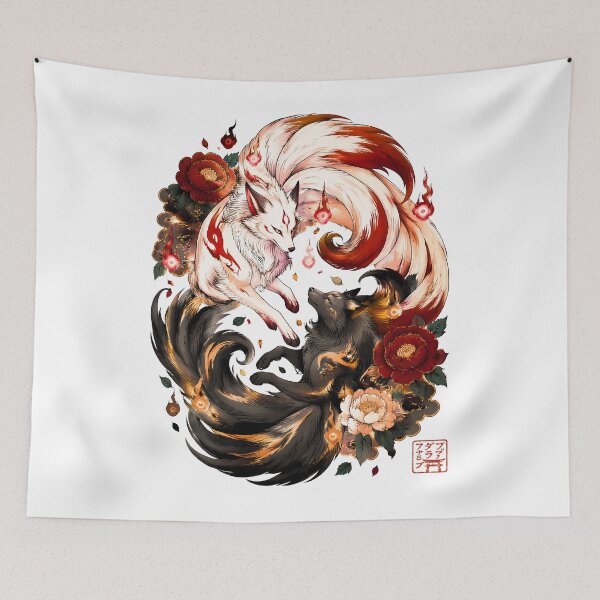 Item preview, Twin Kitsune Fox Spirits | White & Black Japanese Mythology Art designed and sold by kaxymax.