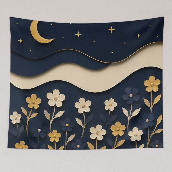 Item preview, Paper Cut Moonlit Garden — Navy Blue Gold Celestial Floral Art designed and sold by Aureva Arts Shop.