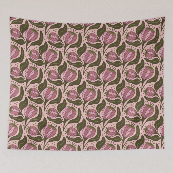 Item preview, Pink Seed Pod Floral Pattern | Folk Art Botanical Flower Seamless Repeat | Cottagecore Fabric Wallpaper Design designed and sold by hayleyhackler.