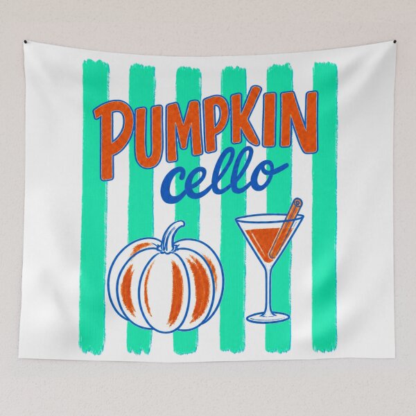 Aperçu de l'œuvre Pumpkincello | Design rétro années 90 pour un cocktail d'automne à la citrouille, rayures verticales - Parodie du limoncello créée et vendue par SpookyShadesLab.