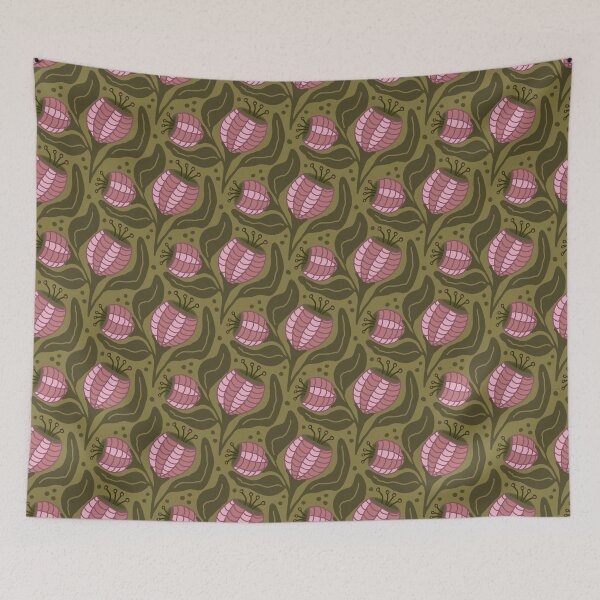 Item preview, Green Seed Pod Floral Pattern | Folk Art Botanical Flower Seamless Repeat | Cottagecore Fabric Wallpaper Design designed and sold by hayleyhackler.