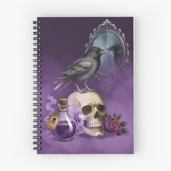 Item preview, Dark scene with a skull, a crow, a potion, and a cracked mirror on a purple background designed and sold by Ms. Iryna.