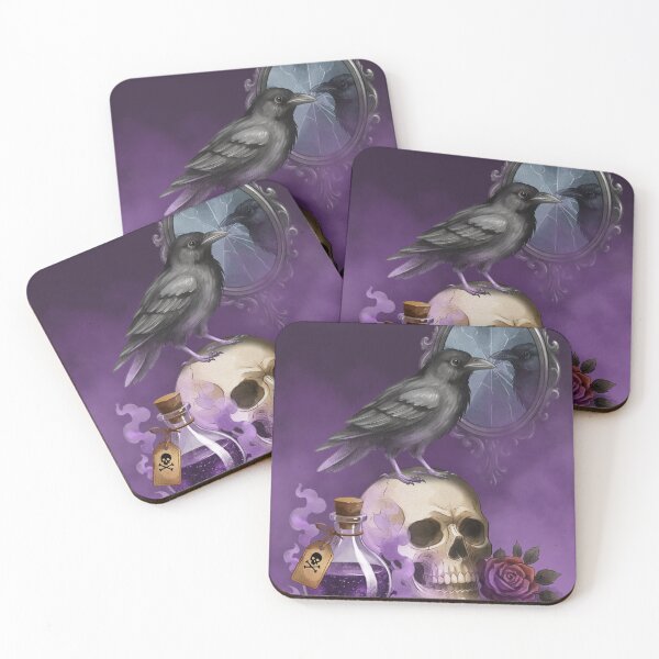 Item preview, Dark scene with a skull, a crow, a potion, and a cracked mirror on a purple background designed and sold by Ms. Iryna.