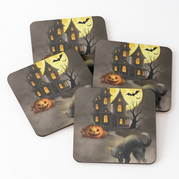 Item preview, Black cat stands in front of a spooky house with a pumpkin and moon in the night sky during Halloween season designed and sold by Ms. Iryna.