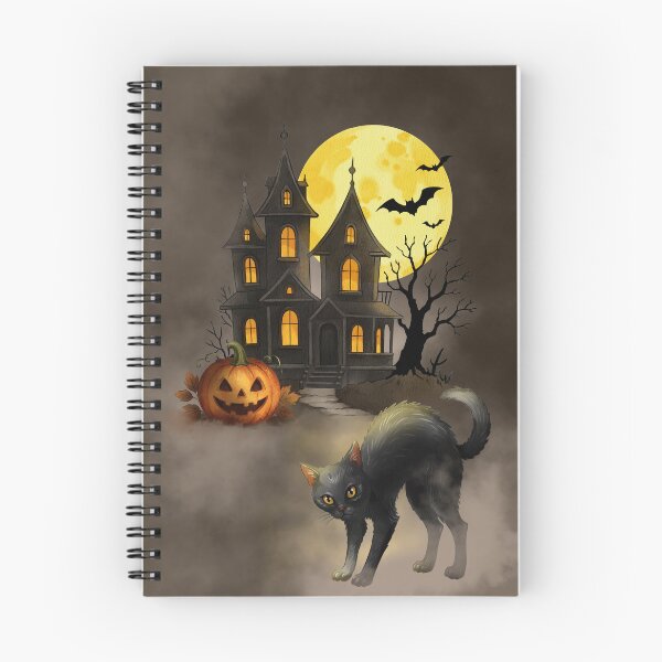 Item preview, Black cat stands in front of a spooky house with a pumpkin and moon in the night sky during Halloween season designed and sold by Ms. Iryna.