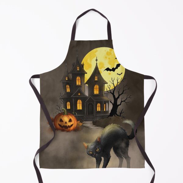 Item preview, Black cat stands in front of a spooky house with a pumpkin and moon in the night sky during Halloween season designed and sold by Ms. Iryna.