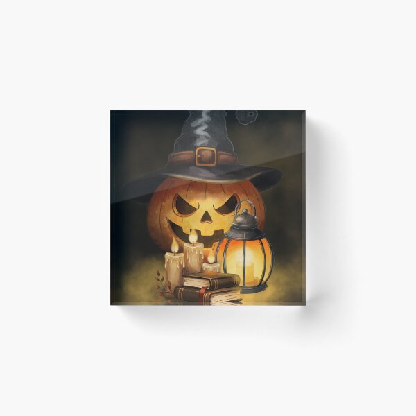 Item preview, Halloween decorations with a pumpkin, candles, a lantern, and books on a dark background designed and sold by Ms. Iryna.