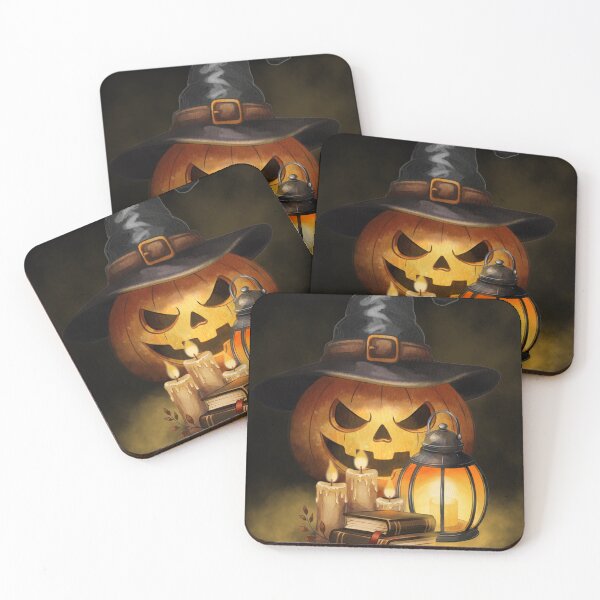 Item preview, Halloween decorations with a pumpkin, candles, a lantern, and books on a dark background designed and sold by Ms. Iryna.