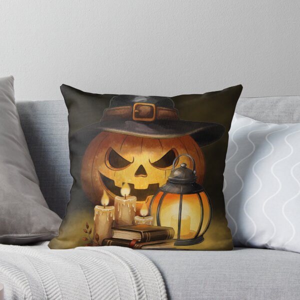Item preview, Halloween decorations with a pumpkin, candles, a lantern, and books on a dark background designed and sold by Ms. Iryna.