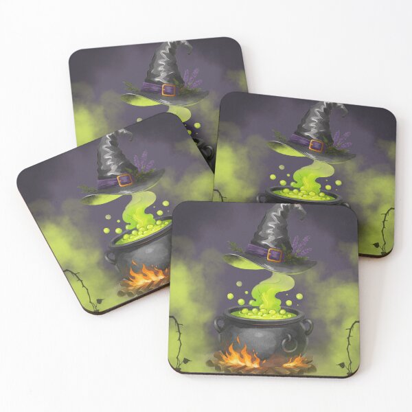 Item preview, Witch hat over a boiling cauldron with green liquid and candles lit in the dark setting designed and sold by Ms. Iryna.