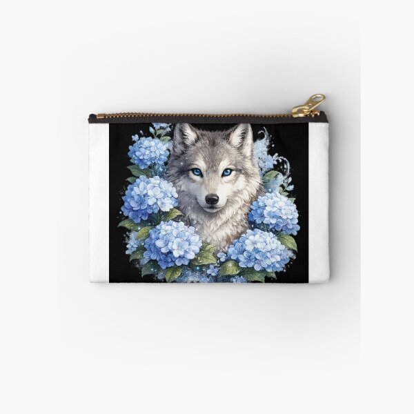 Item preview, Blue-eyed wolf in a sea of gentle hydrangeas designed and sold by No-No-Name.