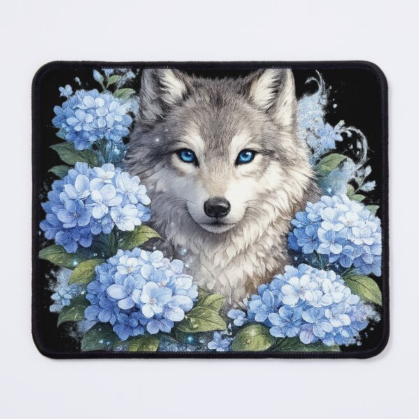 Item preview, Blue-eyed wolf in a sea of gentle hydrangeas designed and sold by No-No-Name.