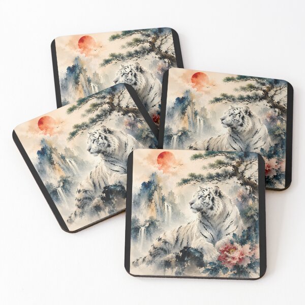 Item preview, White Tiger Ink Wash Painting | Japanese Sumi-e Style | Oriental Floral Wildlife Art designed and sold by ManJiangHong.