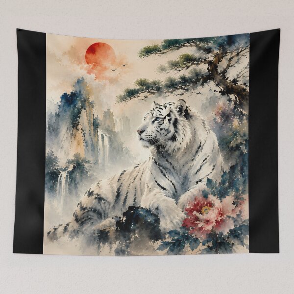 Item preview, White Tiger Ink Wash Painting | Japanese Sumi-e Style | Oriental Floral Wildlife Art designed and sold by ManJiangHong.