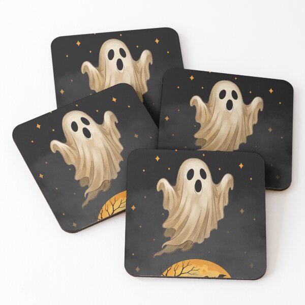 Item preview, Ghost floats above graveyard with full moon and bats in night sky during Halloween celebration designed and sold by Ms. Iryna.