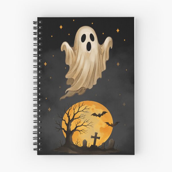 Item preview, Ghost floats above graveyard with full moon and bats in night sky during Halloween celebration designed and sold by Ms. Iryna.